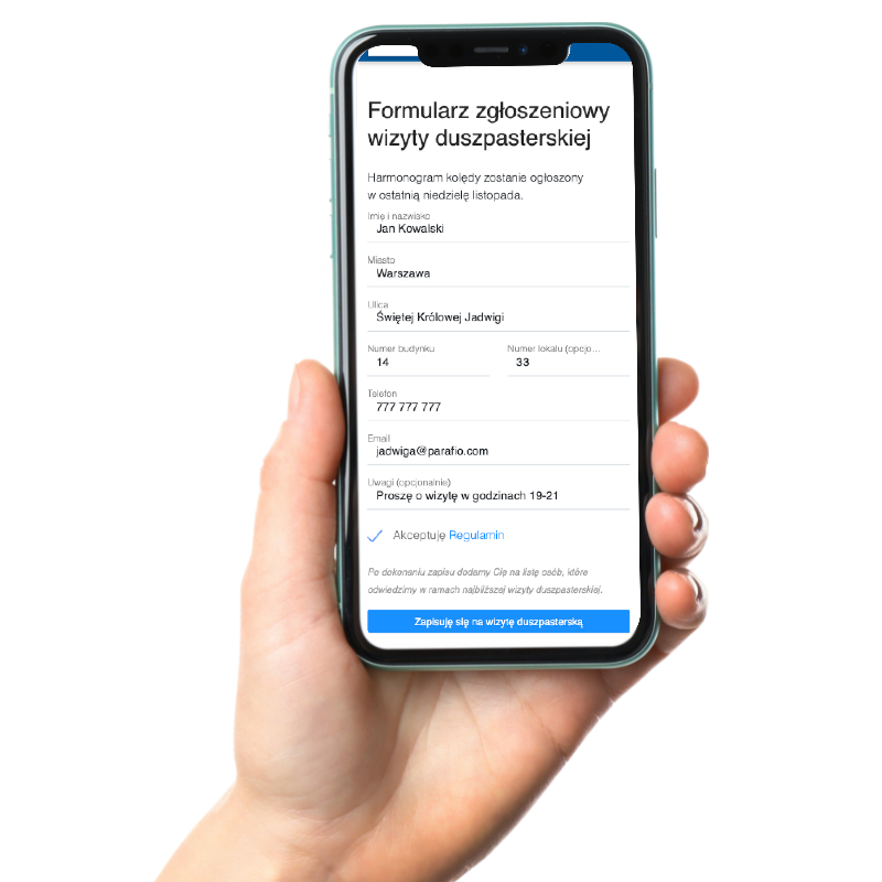 Podgląd formularza kolędowego online w Parafio